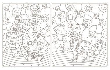Set of contour illustrations in the style of a stained glass window with a kitten and a puppy on an abstract background, rectangular images, dark contours on a white background