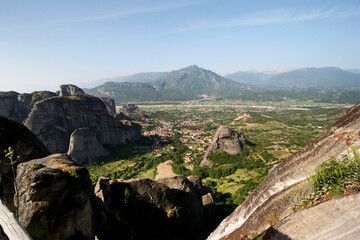 Fototapeta na wymiar View of Kalambaka town on the way to The Holy Monastery of Varlaam, Meteora, Greece