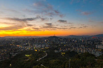 Seoul city sky line , south korea, showing landmark Seoul tower in the financial district at morning