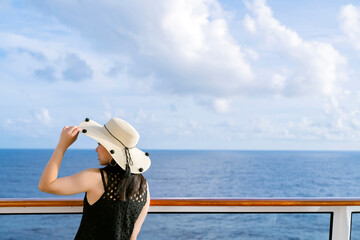 beautiful asian female woman relax casual leisure peaceful moment on cruise deck vacation summer time