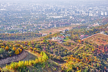 Panoramic view of the upper part of Almaty city in autumn season