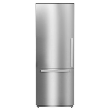 New Bottom Mount Refrigerator Isolated On White Background. Front View Of Stainless Steel Side By Side Double Door Fridge. Modern Kitchen & Domestic Major Appliances. Full Frost Free Freezer