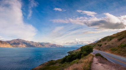 Lake Hawea Lookout Panorama close to sunset -view towards South- in Mount Aspiring National Park, Otago Region, New Zealand, Southern Alps.
