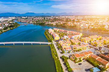 Naklejka premium Aerial view of Hoi An ancient town, UNESCO world heritage, at Quang Nam province. Vietnam. Hoi An is one of the most popular destinations in Vietnam.