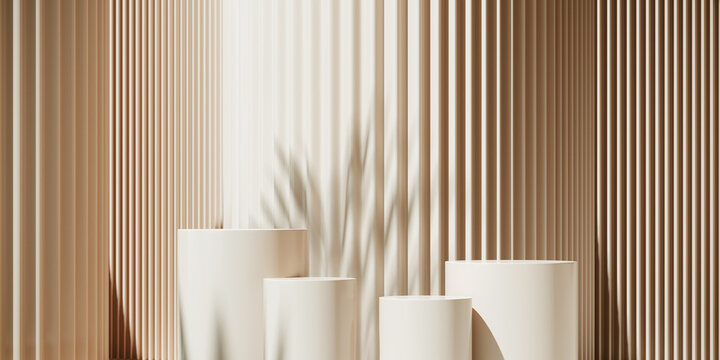 Minimal background for branding and product presentation. Sunshade shadow on beige corrugated panel background. 3d rendering illustration. Clipping path of each element included.