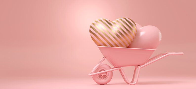 Minimal happiness object for love, wedding and valentine concept. Pink heart with golden stripe on wheelbarrow pink background. 3d rendering illustration. Clipping path of each element included.