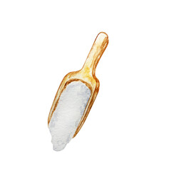 watercolor white flour in a wooden scoop