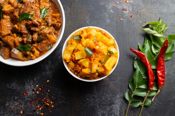 Jack fruit curry or Raw Jackfruit and coconut curry or stir fry and meat curry a Tropical fruit Kerala India or Bali, Indonesia. Fresh ripe Asian summer  jack fruits