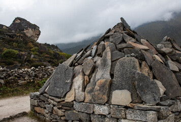 Mani stones in Khumjung village the green village of Sherpa community in Khumbu region of Nepal.