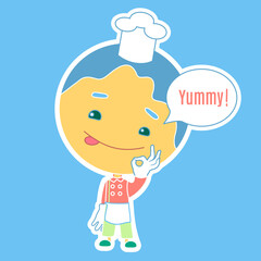 emoticon with chibi boy with yummy expression on his face showing delicious gesture and sticking tongue out a little to express how tasty the food is