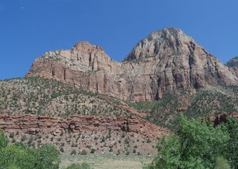 Upward view of scenic mountain peaks at Zion National Park, Utah, USA.