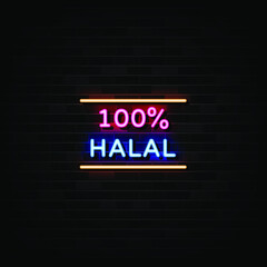 Vector realistic isolated neon sign of Halal Food logo