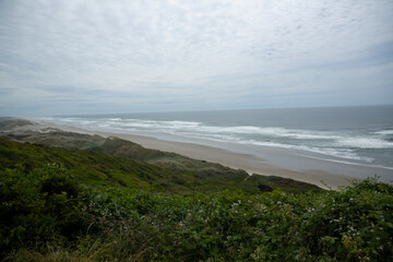 Green rugged hills leading down to coastal scenery by the ocean and wide gray sky