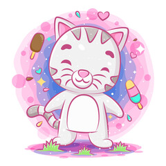 Funny cat standing and smiling with ice cream background