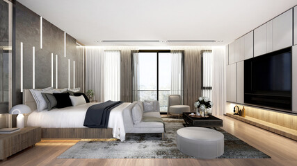 Modern cozy minimal mock up of modern house and master bedroom interior design and wall texture background