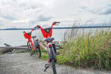 Two Rental Bikes left on beach Discovery Park, Seattle, Wa USA