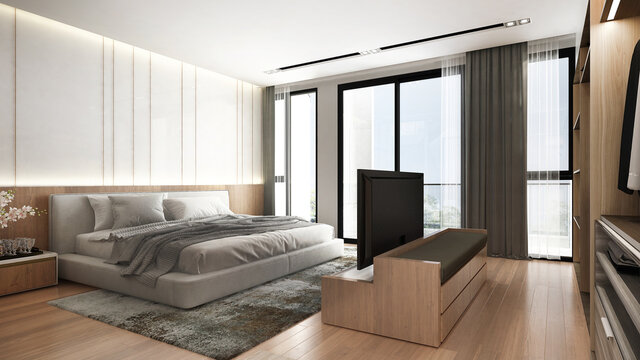 Modern cozy minimal mock up of modern house and bedroom interior design and wall texture background