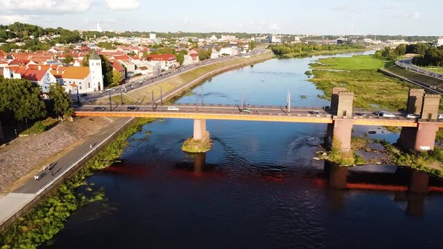 Bird's eye view of Grand Duke of Lithuania Vytautas the Great (Aleksotas) bridge over river Nemunas, Kaunas, Lithuania.
