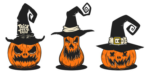 Set of Illustrations of scary halloween pumpkin in witch hats. Design element for poster,card, banner, sign, emblem. Vector illustration - obrazy, fototapety, plakaty