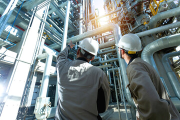 Industrial engineer or worker checking pipeline at oil and gas refinery plant form industry zone...