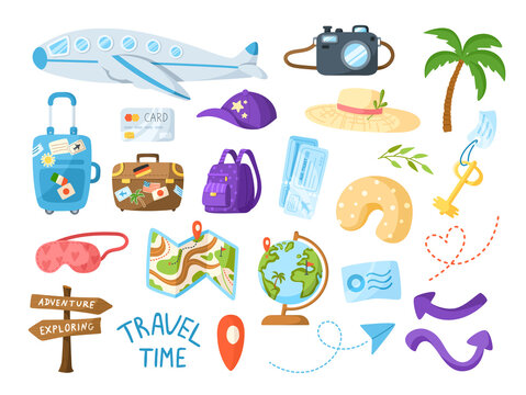 Traveling cartoon bundle, kids travel or vacation clipart set - plane, palm tree, suitcase, air tickets, map, globe, road pointer, camera, backpack - isolated elements on white background - vector