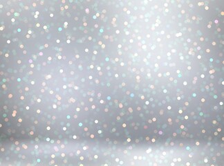 Iridescent bokeh on silver background 3d. Winter holidays sparkling illustration. Hologram confetti on grey.
