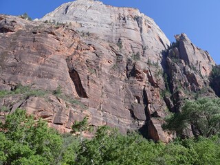 Fototapeta premium Medium close up of the walls of an imposing sandstone cliff at Zion National Park, Utah.