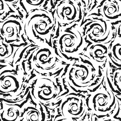 Seamless black vector pattern of smooth lines and spirals with torn edges isolated on white background.Texture for fabric or wrapping paper.