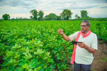 indian farmer checking with test tube and tablet at field