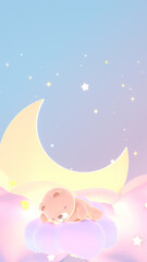 Cartoon baby animal dream. Cute bear sleeping on pastel clouds at night. 3d rendering picture. (Vertical)