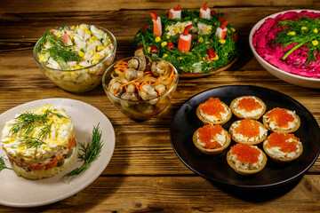 Christmas dinner set of food on a wooden table
