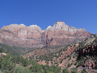 Breathtaking view of massive cliffs and canyons to Zion National Park in Utah, USA.