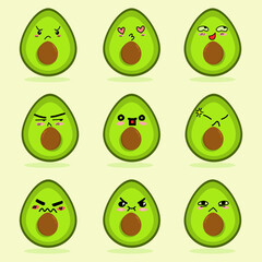 Cute avocado character emoticon design. Set of avocado icon character vector with funny face