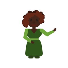 A dark-skinned woman with curly hair in a green dress with a belt tells about something and shows up on this