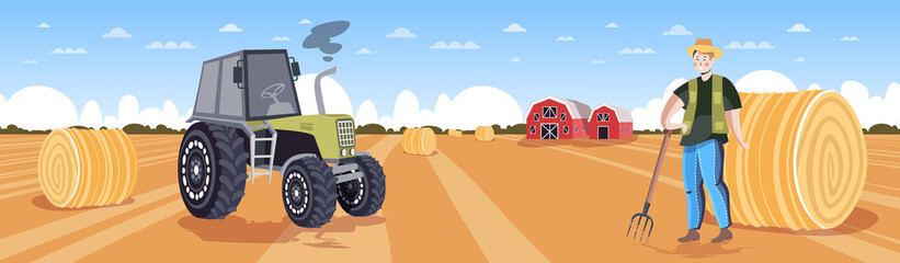 male farmer in uniform collecting hay tractor making straw bales on harvested wheat field eco farming agriculture concept horizontal full length vector illustration © mast3r
