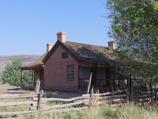 Rustic adobe building at the Grafton ghost town, a town washed away by the Great Flood of 1862 in Utah.