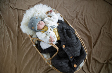 The baby sleeps sweetly in a wicker cradle in a warm knitted hat under a warm blanket. Carefree baby sleep concept.