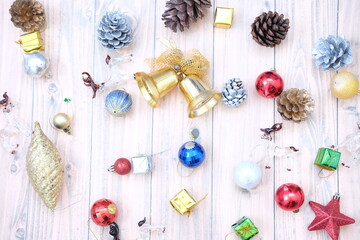 christmas and new year decorations on white wood background and space for text christmas holiday concept