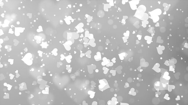 Abstract White Moving Flying hearts and particles Valentine's day Loop background. St. Valentine Day greetings card, wedding invitation and birthday e-card.