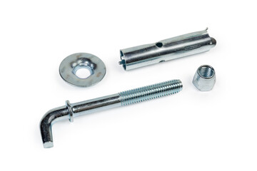 Disassembled anchor bolt wedge type with hook on white background