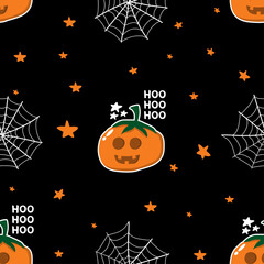pumpkins and spider webs pattern on black backround, good for halloween background, print textile ,etc.