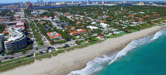 Aerial view of Fort Lauderdale skyline in slow motion from drone, Florida.