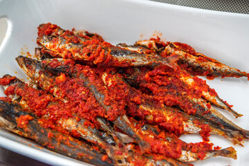 Fried fish with chili sauce Indonesian or Asian food