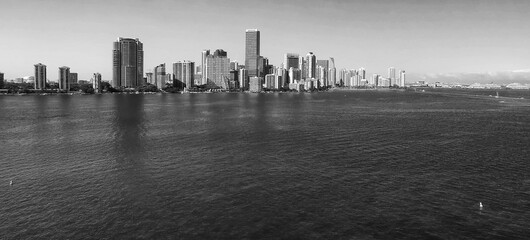 Downtown Miami from Rickenbacker Causeway, aerial view in slow motion.