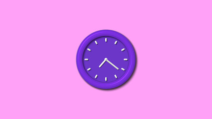 New purple color 3d wall clock isolated on pink light background, 12 hours wall clock