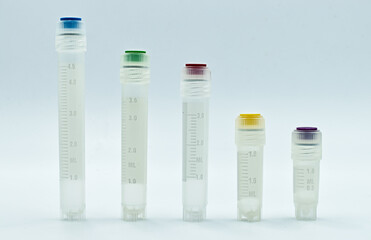Test tube with colored caps isolated on white background. Microbiology laboratory equipment