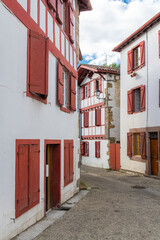 Fototapeta na wymiar Typical houses in the village of Espelette in the Basque country 