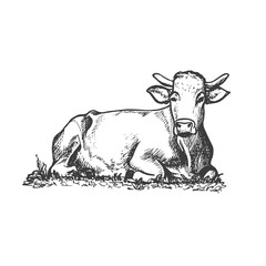 Lying cow. Grazing cattle on a farm. Vector hand drawn sketch style illustration.