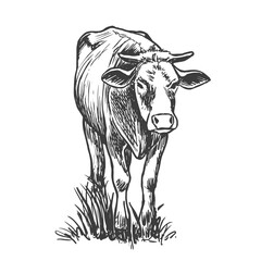 Сow or calf. Grazing cattle on a farm. Vector hand drawn sketch style illustration.