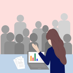 Illustrator vector of woman lead the conference, training section,meeting time, women use notebook to present data in meeting